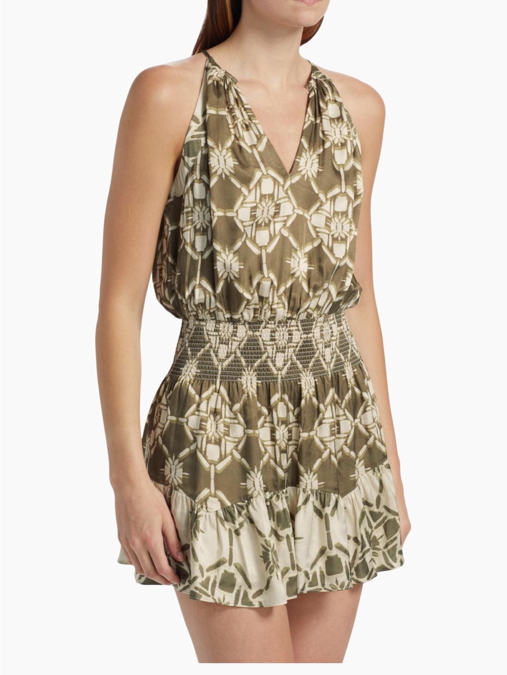 Ramy Brook Women's Isabela Smocked V-Neck Minidress Olive Tile Print Size M